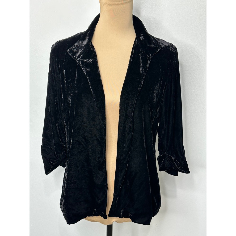 Eileen Fisher Velvet Jacket Small Black Silk Blend Open Front 3/4 Sleeve Blazer